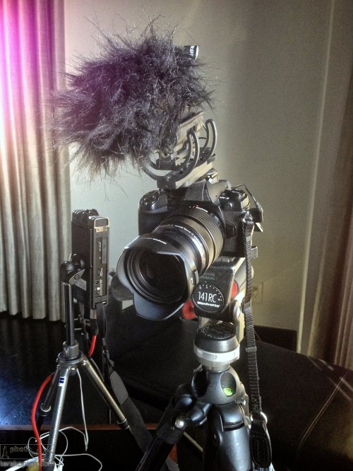The Olympus OM-D E-M1, Olympus M.Zuiko 12-40mm f2.8 PRO lens and Rode VideoMic Pro on a Manfrotto tripod. On the left is a Roland R26 audio recorder. January 18, 2014. Photo: ©Edmond Terakopian