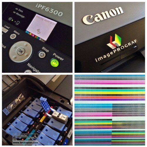 A montage on the Canon iPF6300 large format printer. Replacing inks and nozzle check calibration print after installing new print heads. Photo: ©Edmond Terakopian