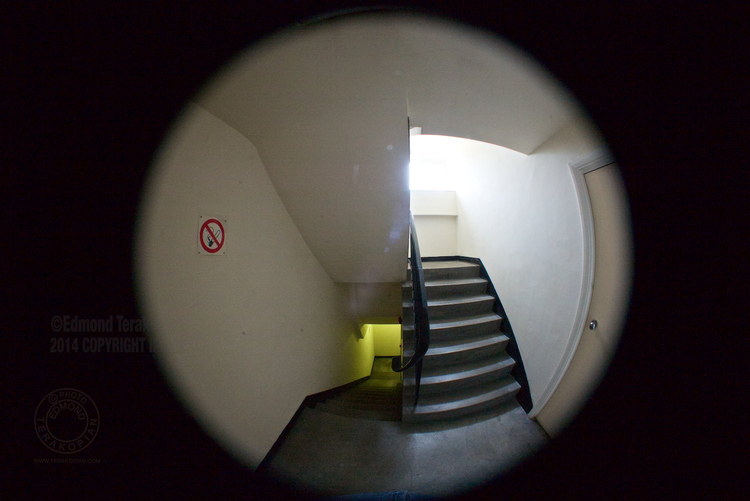 Nikkor 8mm Fisheye Lens On Leica M (Type 240) Test, using Novoflex adapter. The stairwell. London. July 06, 2014. Photo: Edmond Terakopian