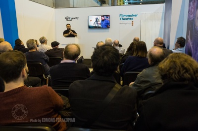 "Essentials In Documentary Film Making" talk by Edmond Terakopian at the Filmmaker Theatre on behalf of Snapper Stuff. The Photography Show, NEC, Birmingham. March 23, 2015. Photo: Freia Turland